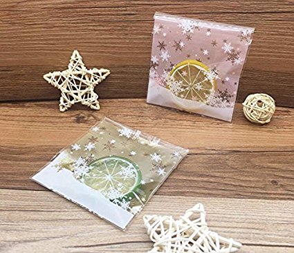 Yunko 200pcs Christmas Snowflake Cookie Packaging Self-adhesive Bags for Biscuits Package Good for Bakery Party Pink and Glod