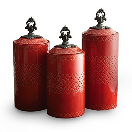 American Atelier Set of 3 ceramic Canisters-Red, , Red