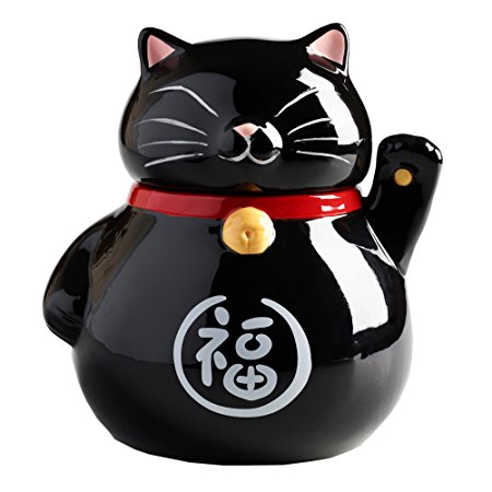 Waving Lucky Cat Cookie Jar Ceramic with Air Tight Lid