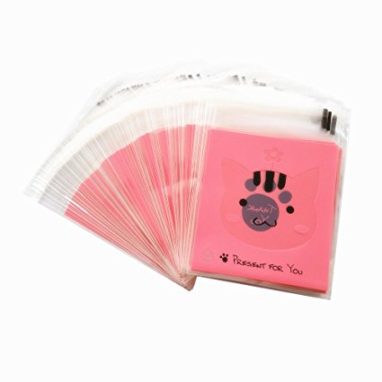 Yunko 100pcs Cookie Packaging Self-adhesive Plastic Bags for Biscuits Package (Kitty)