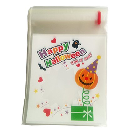 Yunko 100pcs Happy Halloween Pumpkin Cookie Packaging Self-adhesive Plastic Bags for Biscuits Cake Baking Package (White)