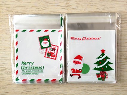 Yunko W0767 200pcs Happy Christmas Candy Cookie Packaging Self-adhesive Plastic Bags for Biscuits Cake Baking Package (C)