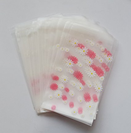 Yunko 100pcs Pink Daisy Cookie Packaging Self-adhesive Plastic Bags for Biscuits Package Good for Bakery Party Cz022