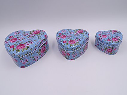 Heart Shaped Blue Storage Tins, Shabby Chic, Floral Design Set of 3