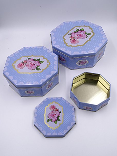 Elegant Empty Storage Tins, Shabby Chic, BlueOctagon Shape Set of 3 Cottage style tins