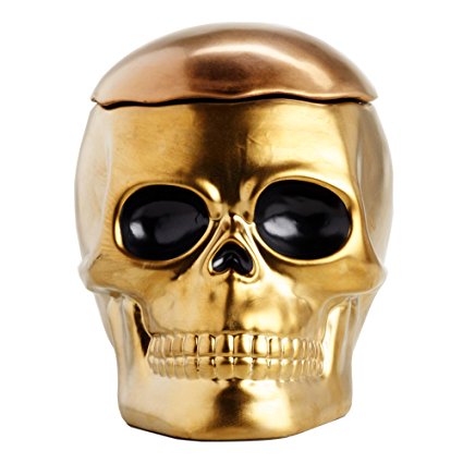 Gold Ceramic Halloween Skull Cookie Jar