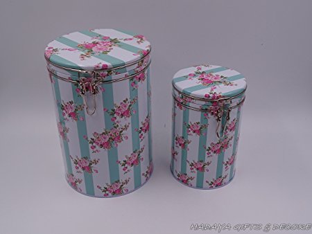 floral Cookie Storage Tins, Shabby Chic, Floral Design with Airtight Lid, Set of 2